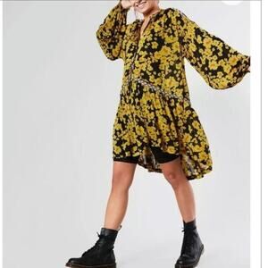 Free People Love Letter Tunic Top Dress Yellow Floral Kimono Oversized Button S